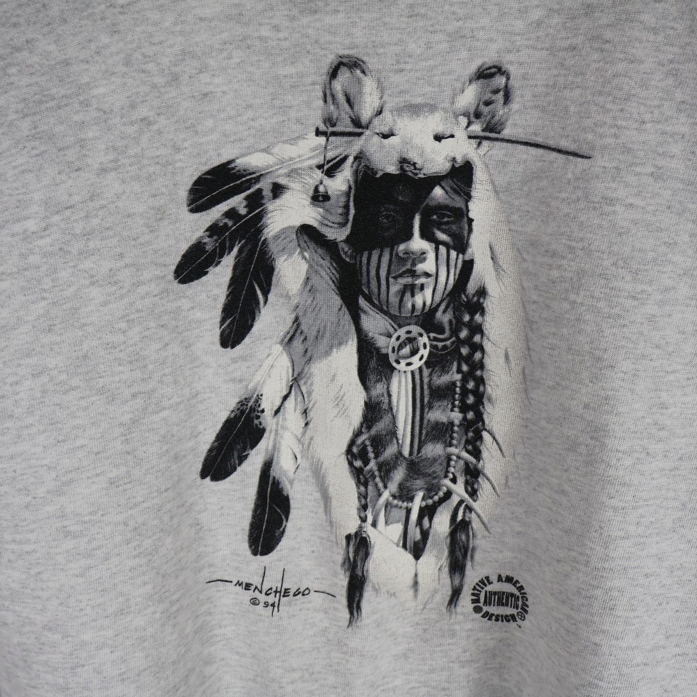 Vintage 1994 Native American Menchengo Artist Sweatshirt Gray Large‎ 23x28 - Picture 2 of 13